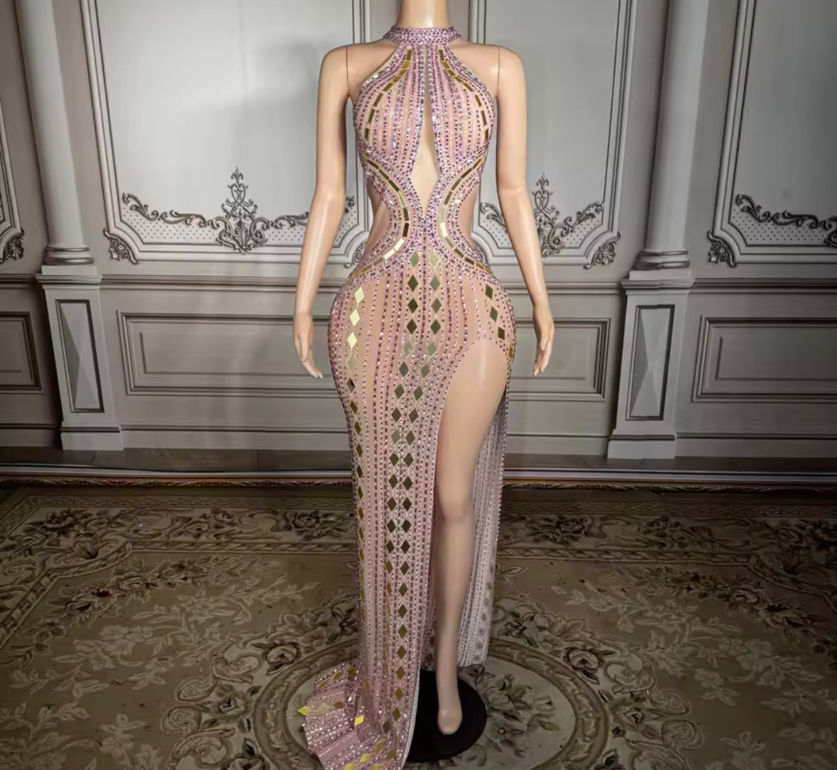 Sexy Pink Rhinestone Mirror Sleeveless Side Split Maxi Dress