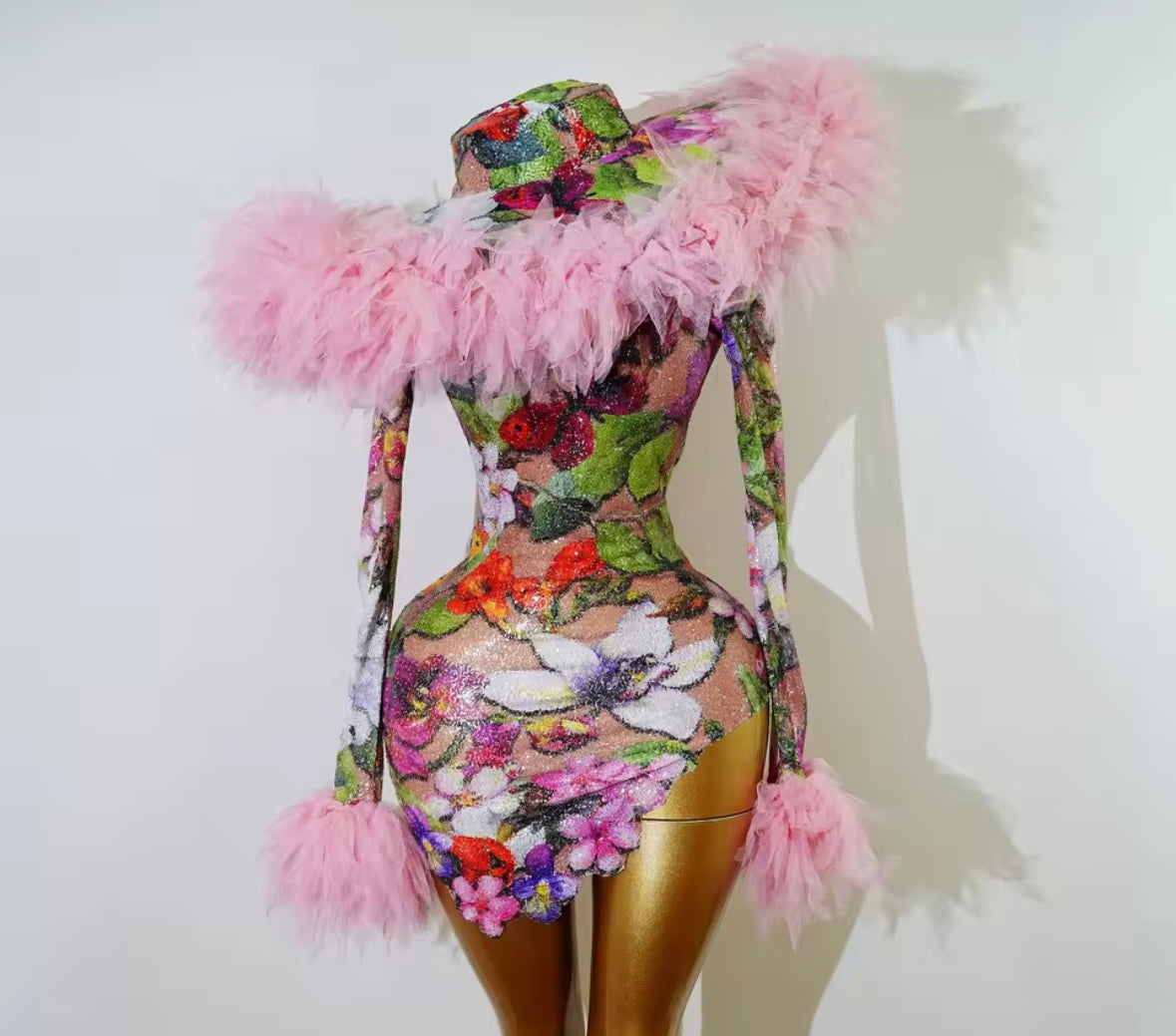 Sexy Floral Sequins Ruffle Full Sleeve Dress Hat Set