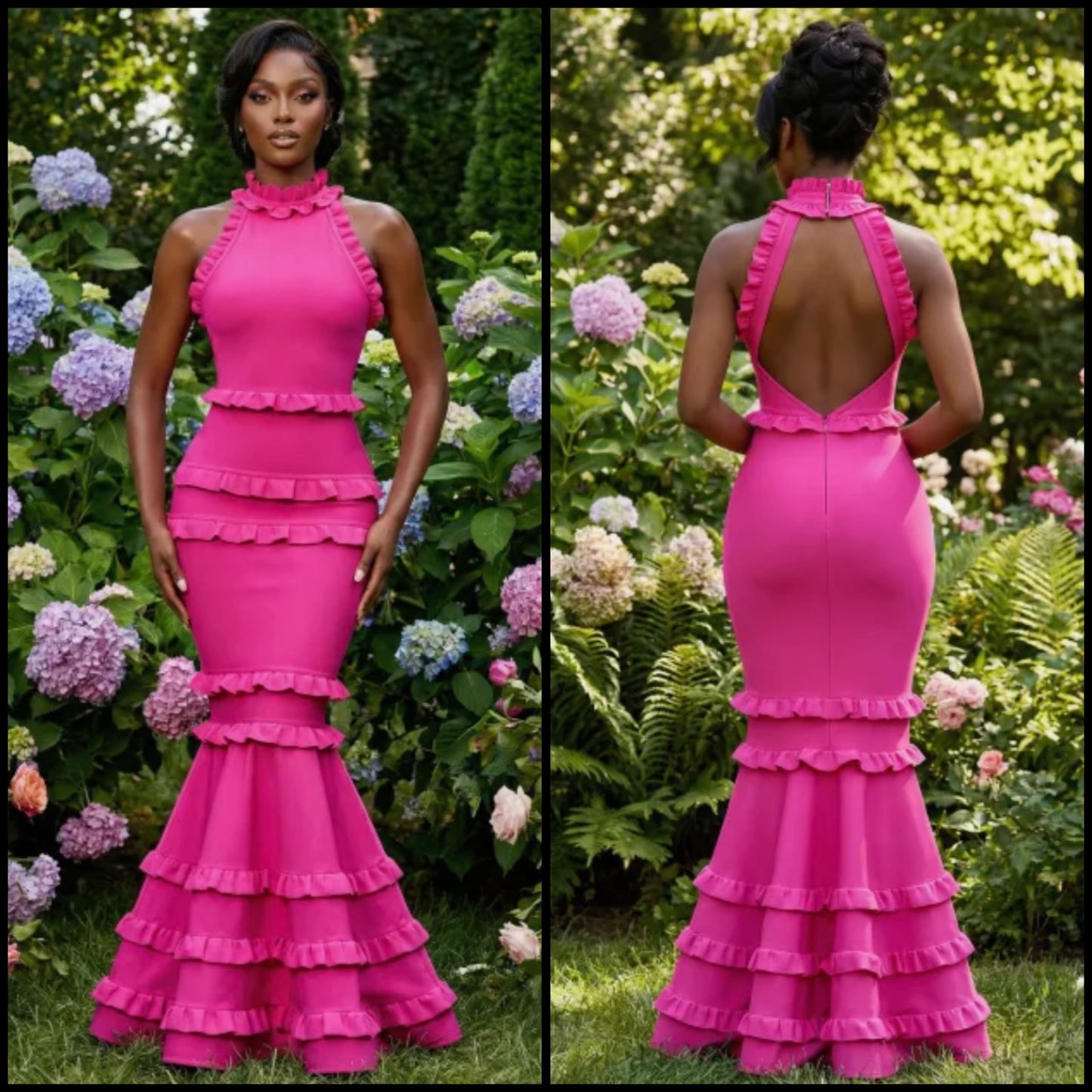Sexy Sleeveless Open Back Ruffled Mermaid Dress