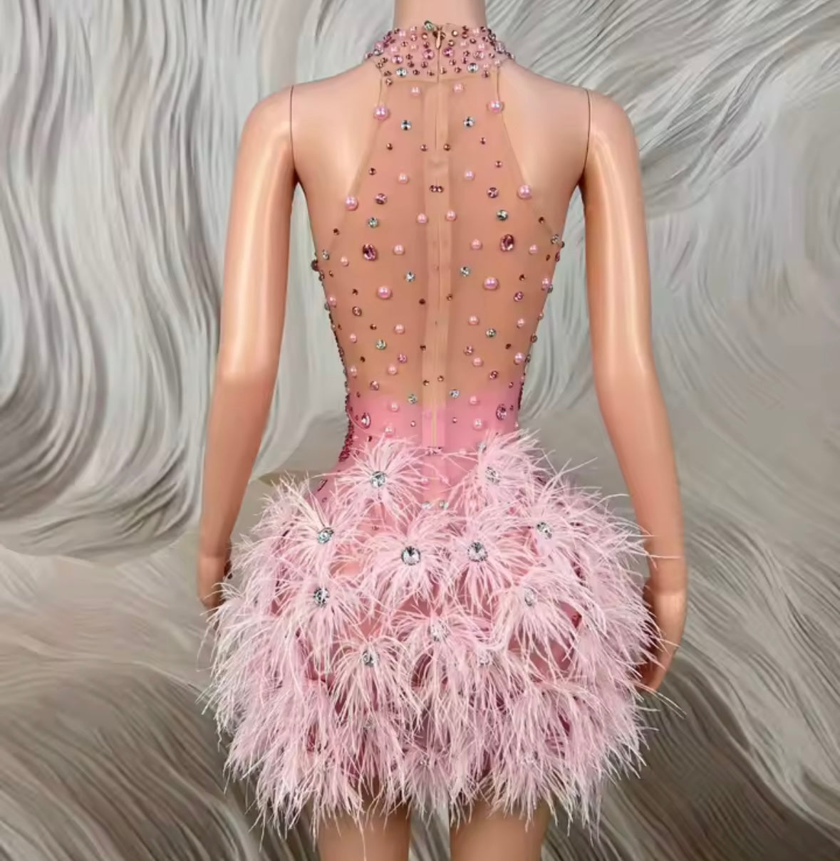 Sexy Pink Sleeveless Beaded Rhinestone Feather Dress