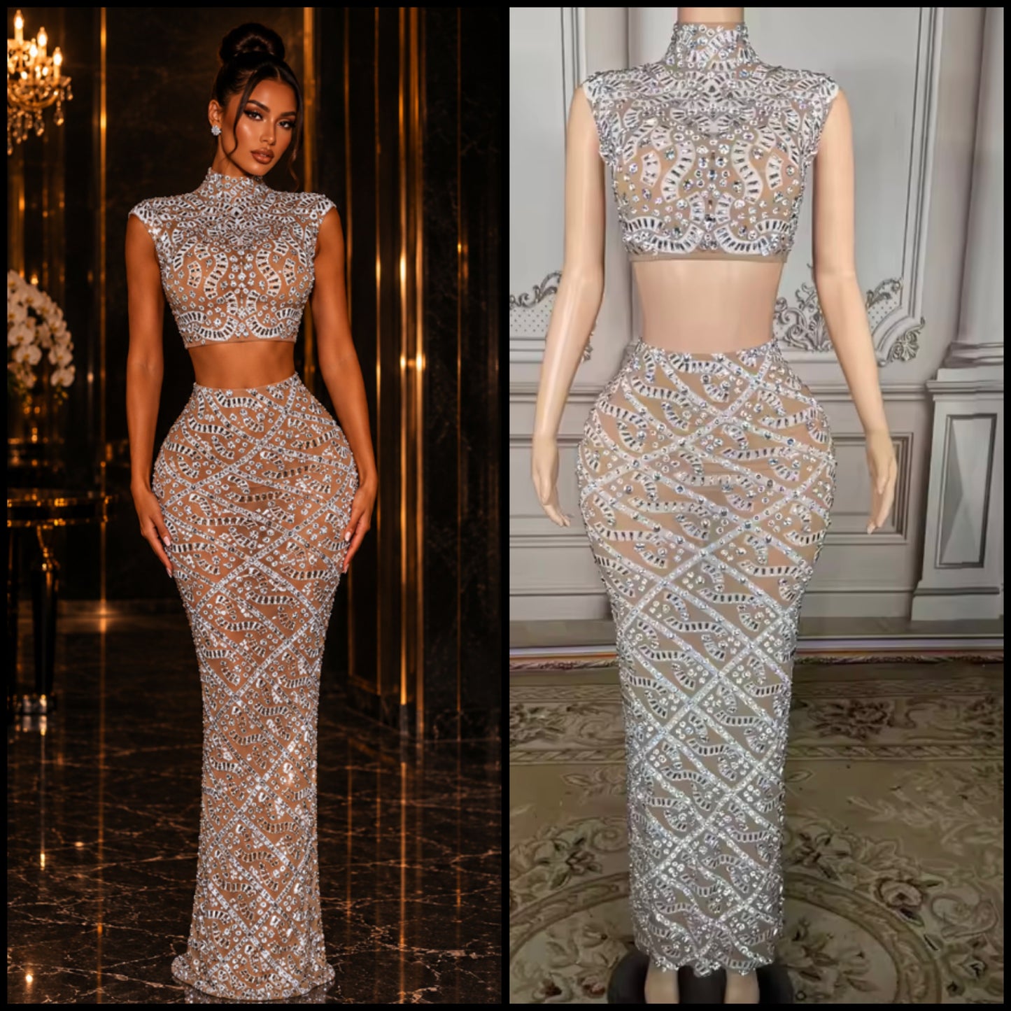 Sexy Sleeveless Rhinestone Crop See Through Maxi Skirt Set