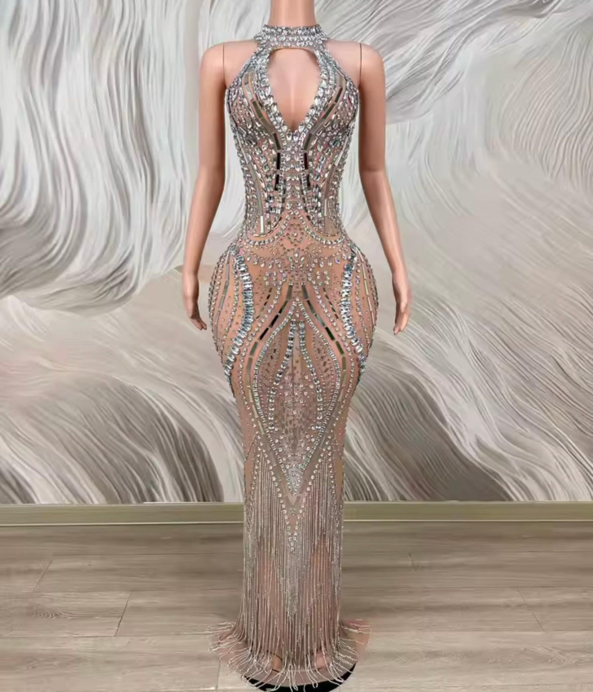 Sleeveless Sexy See Through Rhinestone Embellishment Maxi Dress