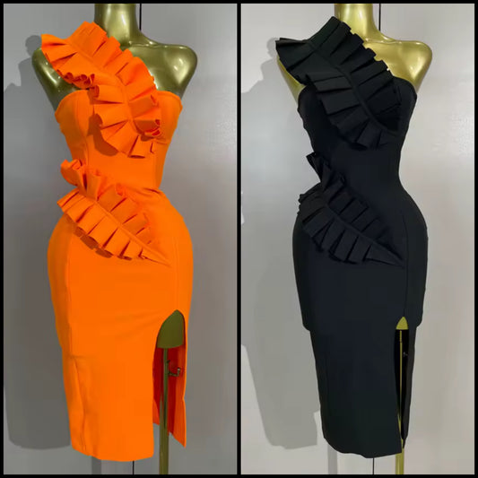 Elegant Ruffled One Shoulder Side Split Dress