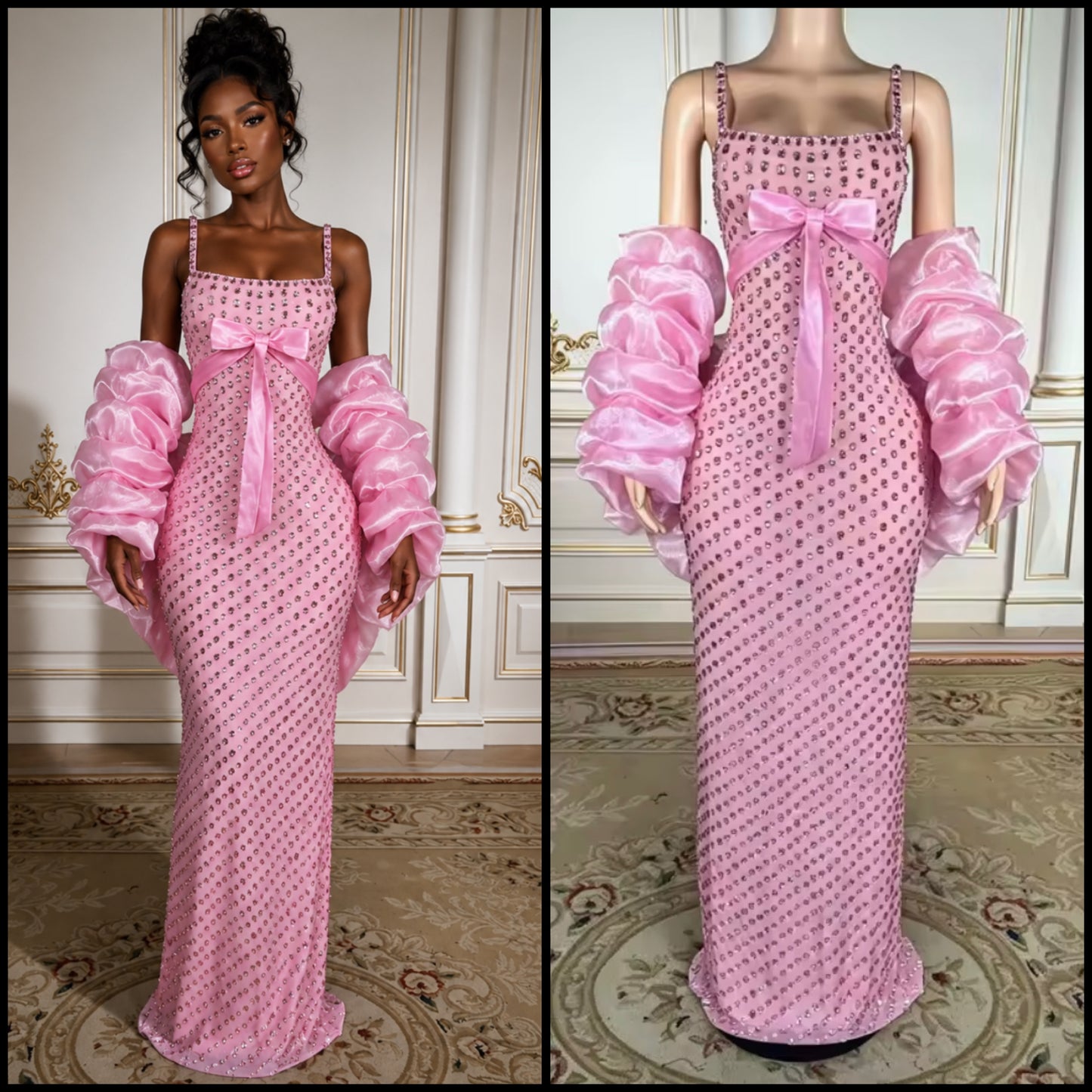 Pink Bow Rhinestone Sleeveless Sexy Maxi Dress