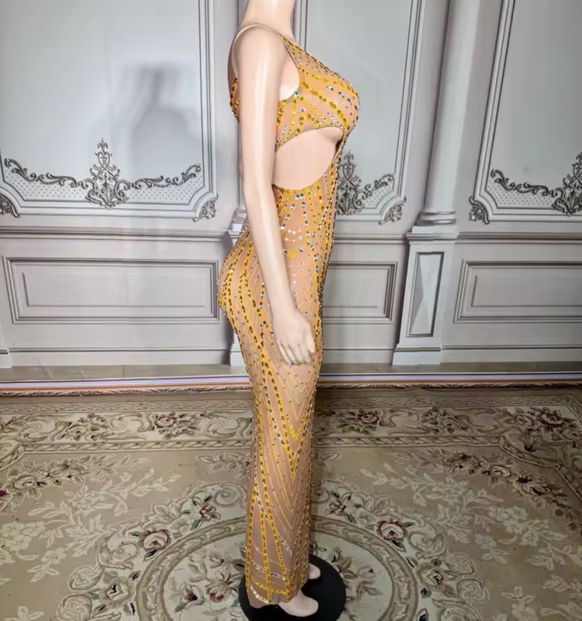Sexy Sleeveless Rhinestone See Through Hollow Out Maxi Dress