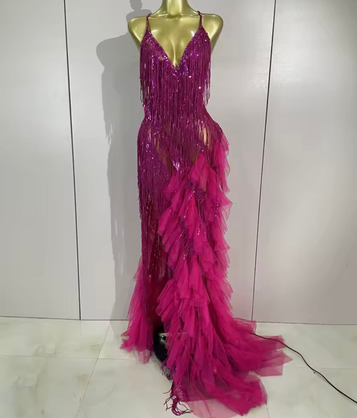 Sexy Sleeveless Open Back Fringe Tassel Rhinestone Maxi Dress