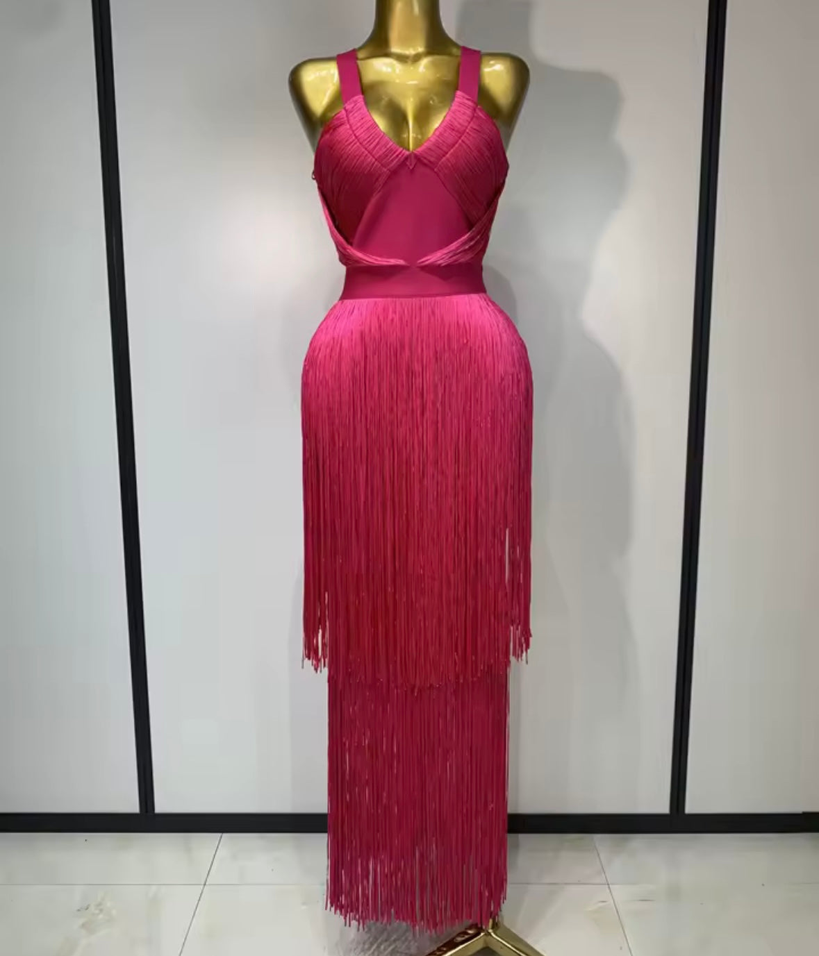 Sexy Sleeveless Pink Fringe Maxi Dress