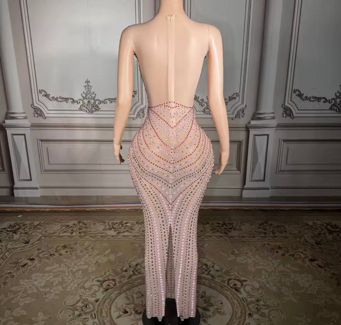Sexy Sleeveless Color Rhinestone See Through Maxi Dress