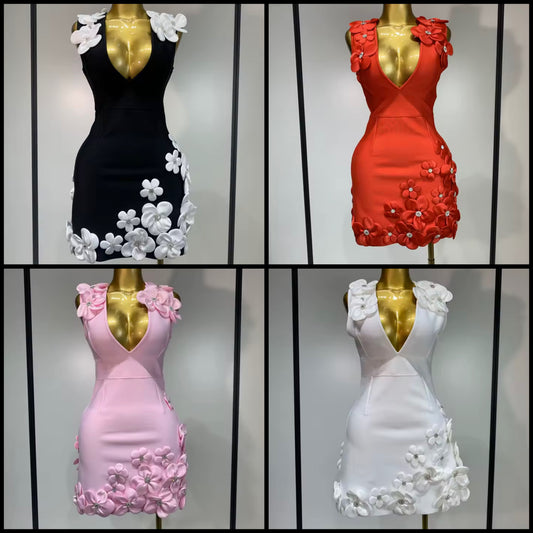 Elegant Rhinestone Floral Embellished Sleeveless Dress