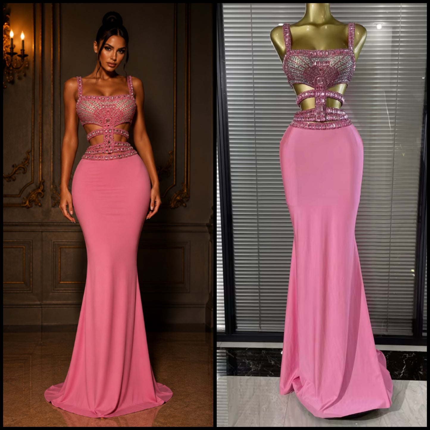 Sexy Sleeveless Rhinestone Crystal Hollow Out Maxi Dress