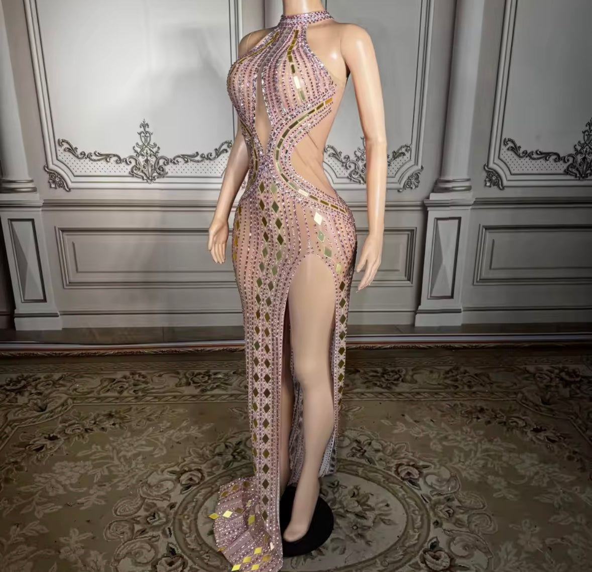 Sexy Pink Rhinestone Mirror Sleeveless Side Split Maxi Dress