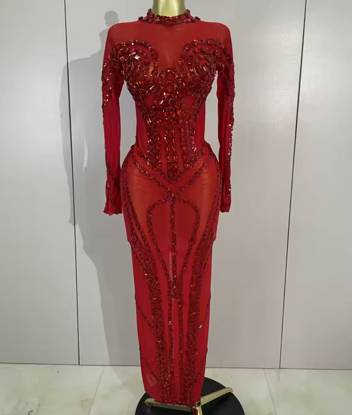 Sexy Beaded Crystal Full Sleeve Floor-Length Dress