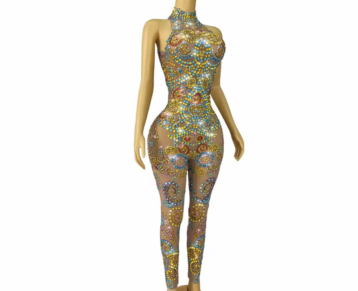 Sexy Sleeveless Colorful Rhinestone See Through Jumpsuit