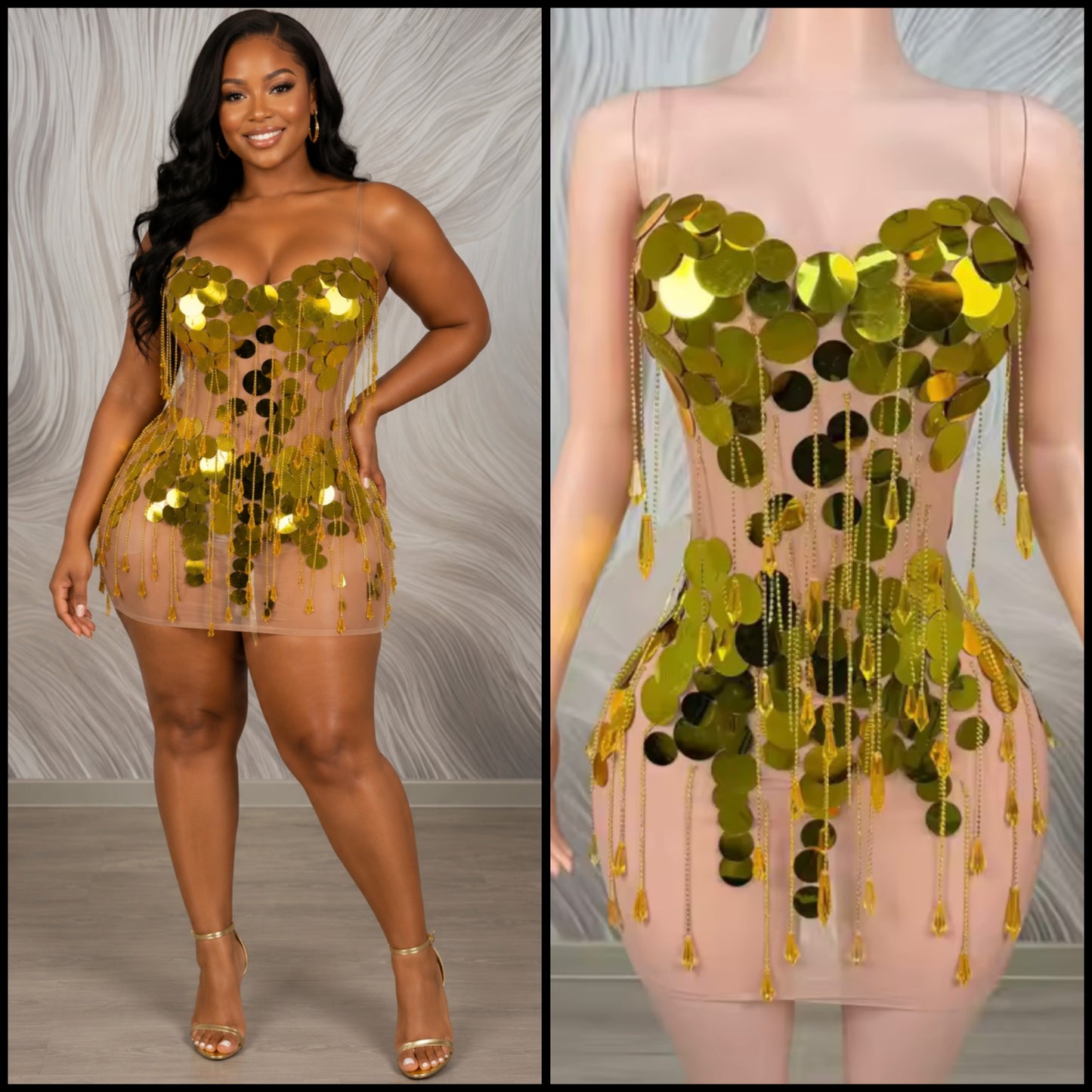 Sexy Sleeveless Gold Circle Sequins Tassel See Through Dress