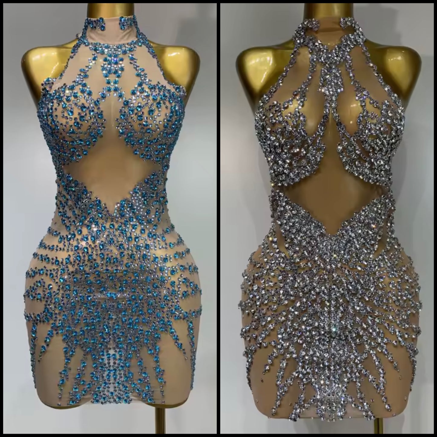 Sleeveless Rhinestone Sexy Short See Through Dress