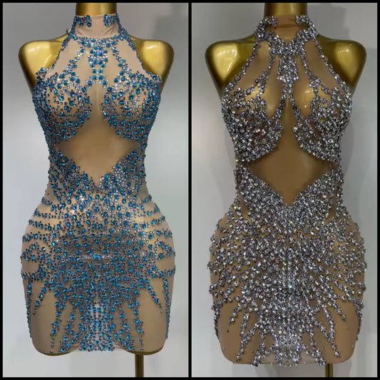 Sleeveless Rhinestone Sexy Short See Through Dress