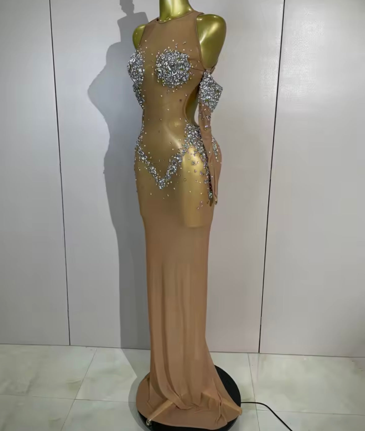 Sexy See Through Rhinestone Embellishment Floor-Length Dress