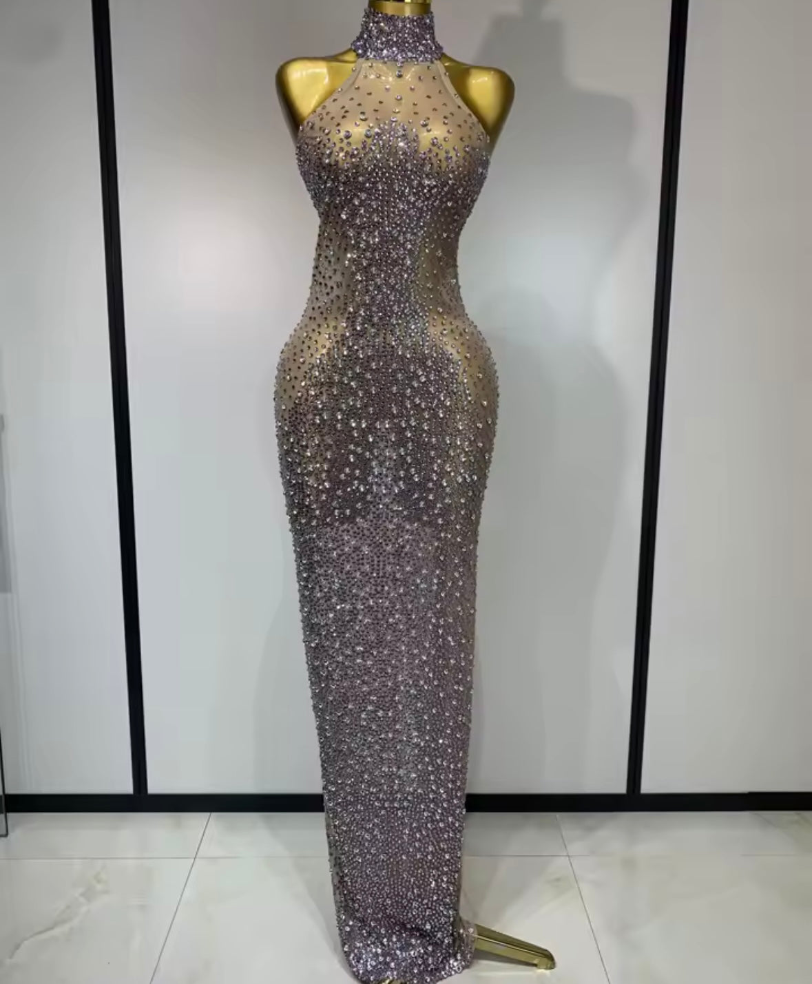 Sexy Sparkly Rhinestone Halter Sleeveless Maxi Dress