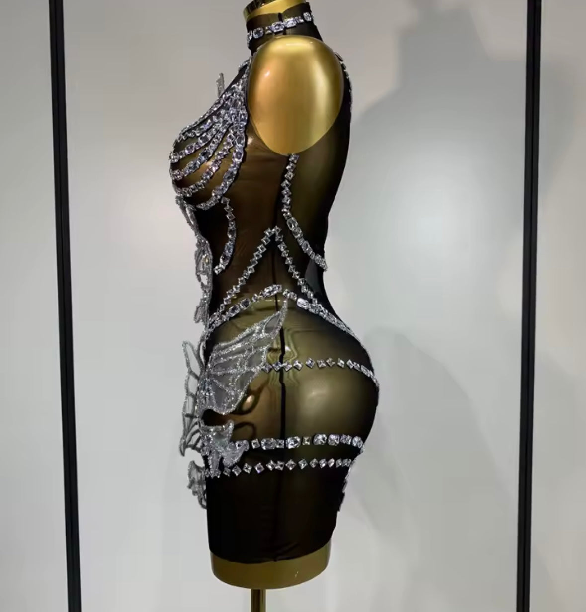 Sexy Black Sleeveless See Through Crystal Butterfly Dress