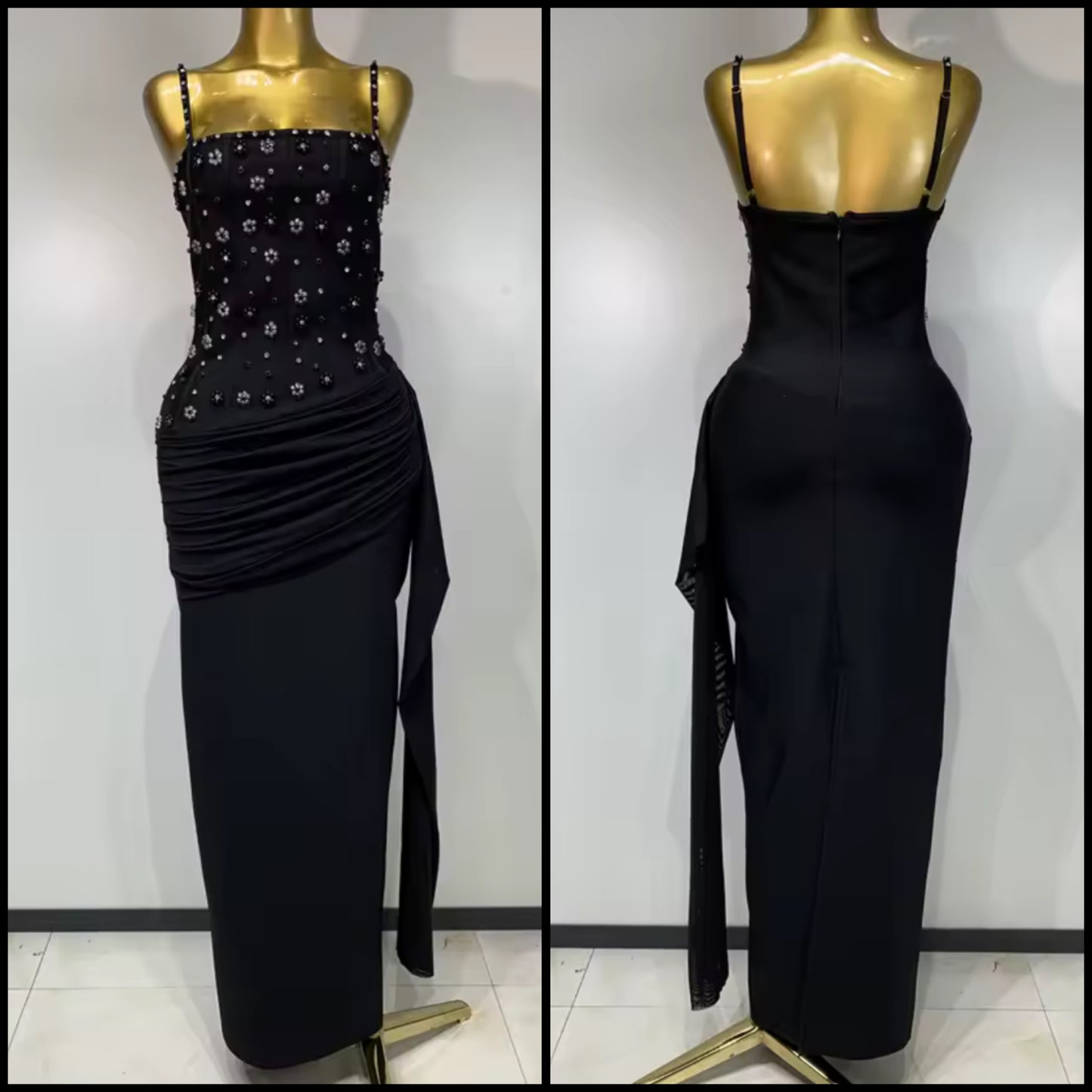 Black Sleeveless Floral Beaded Ruche Tassel Maxi Dress
