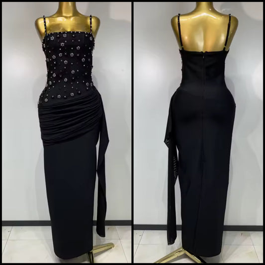 Black Sleeveless Floral Beaded Ruche Tassel Maxi Dress