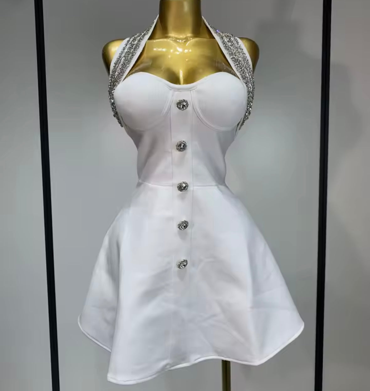 Sexy Rhinestone Halter Button Short Dress