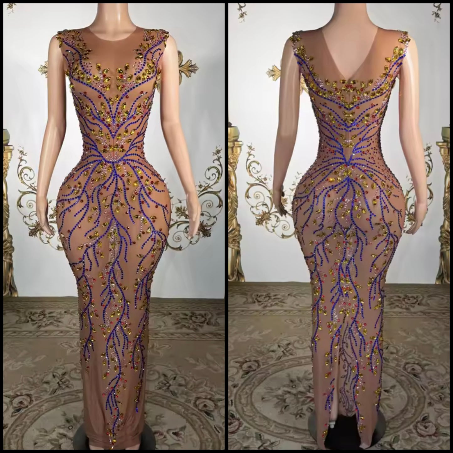 Sexy Sleeveless Multicolored Rhinestone Maxi Dress
