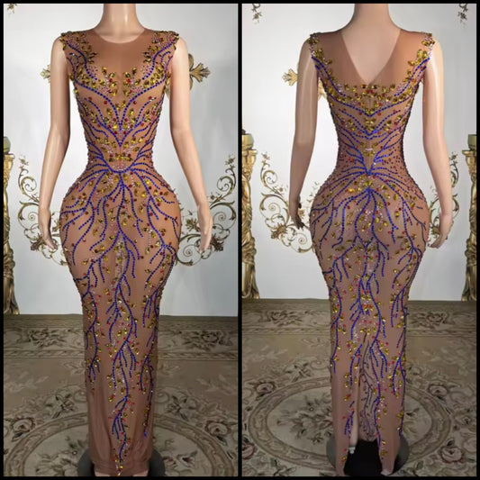 Sexy Sleeveless Multicolored Rhinestone Maxi Dress