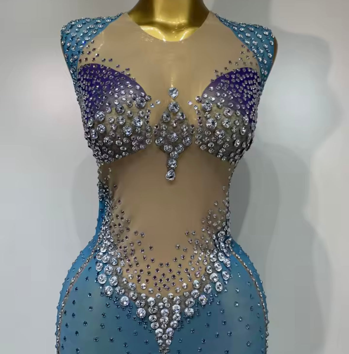 Sexy Blue Sleeveless Rhinestone Embellishment Maxi Dress