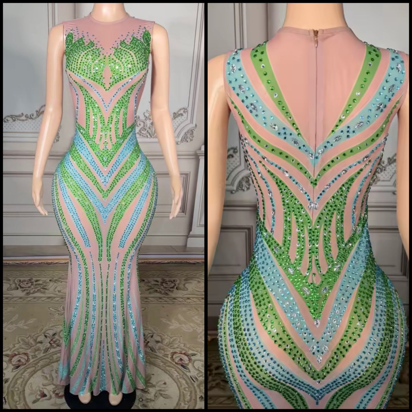 Sexy Rhinestone Sleeveless Floor-Length Dress