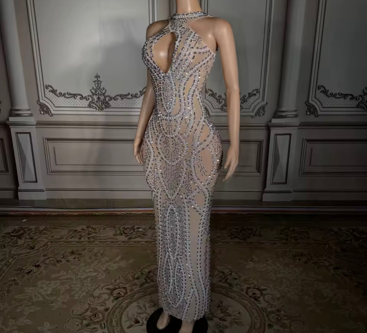Sexy Sleeveless Pearl Rhinestone See Through Maxi Dress