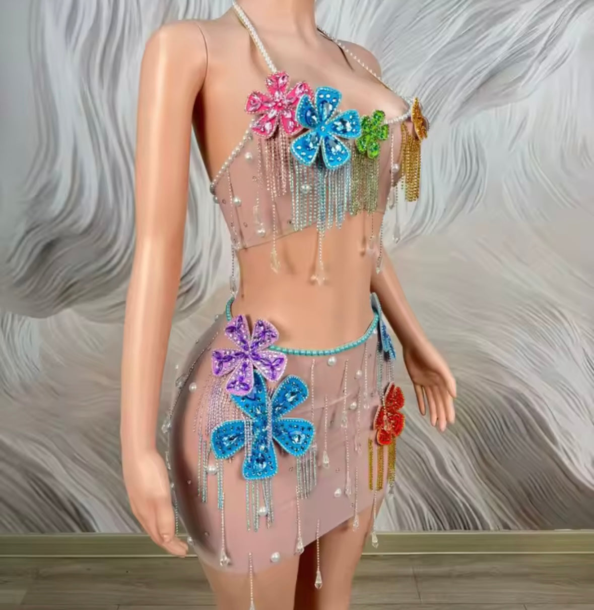 Sexy Sleeveless See Through Beaded Crystal Floral Tassel Skirt Set