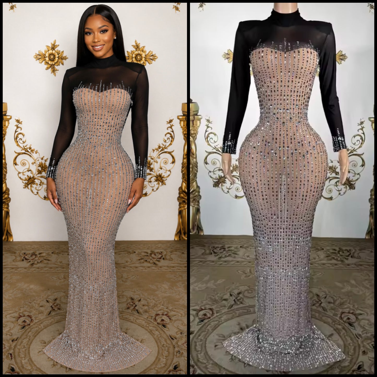 Sexy Rhinestone Embellishment Full Sleeve Maxi Dress