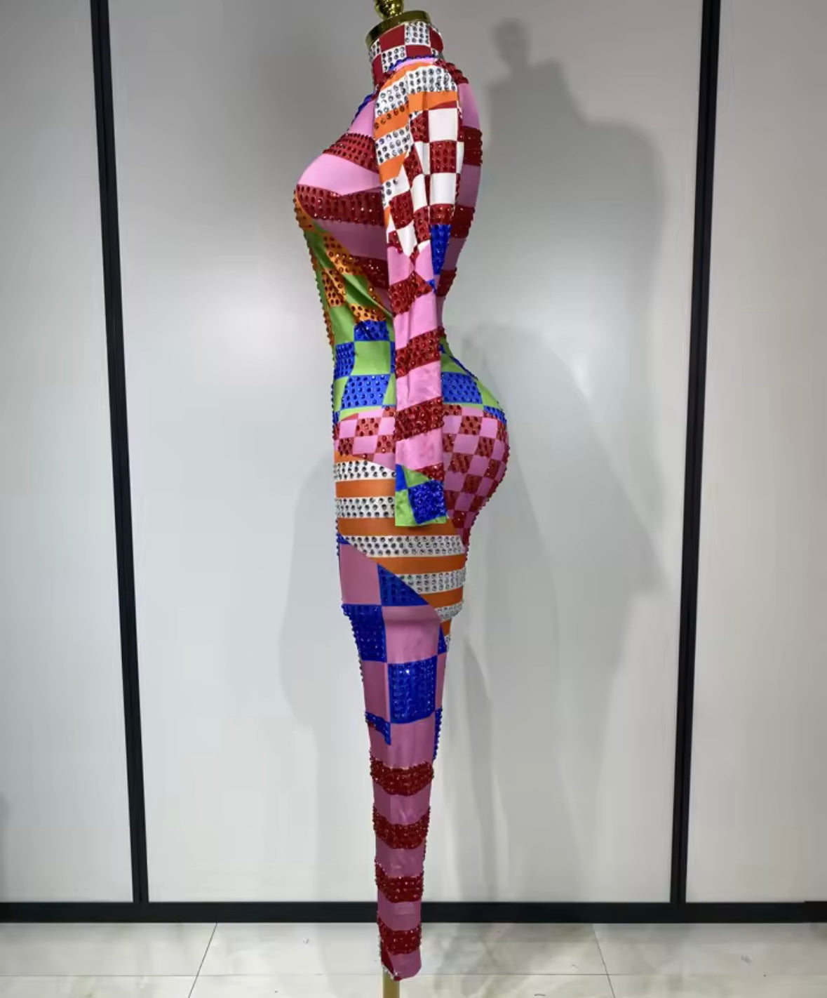 Multicolored Rhinestone Full Sleeve Jumpsuit