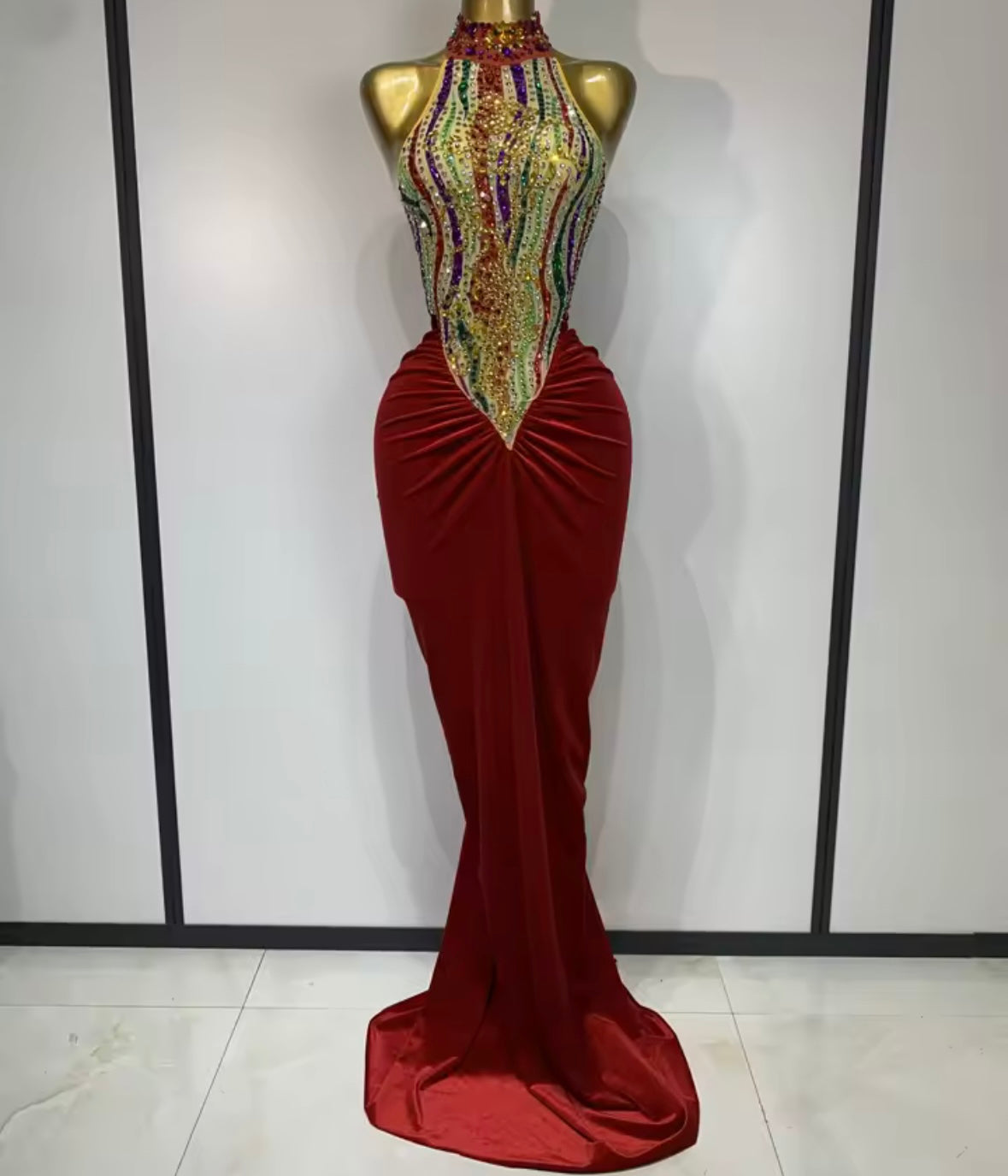 Sexy Halter Sleeveless Colorful Rhinestone Floor-Length Dress