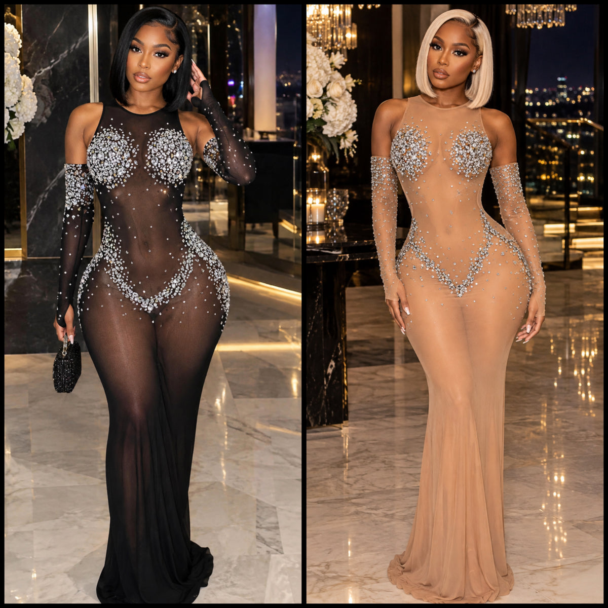 Sexy See Through Rhinestone Embellishment Floor-Length Dress