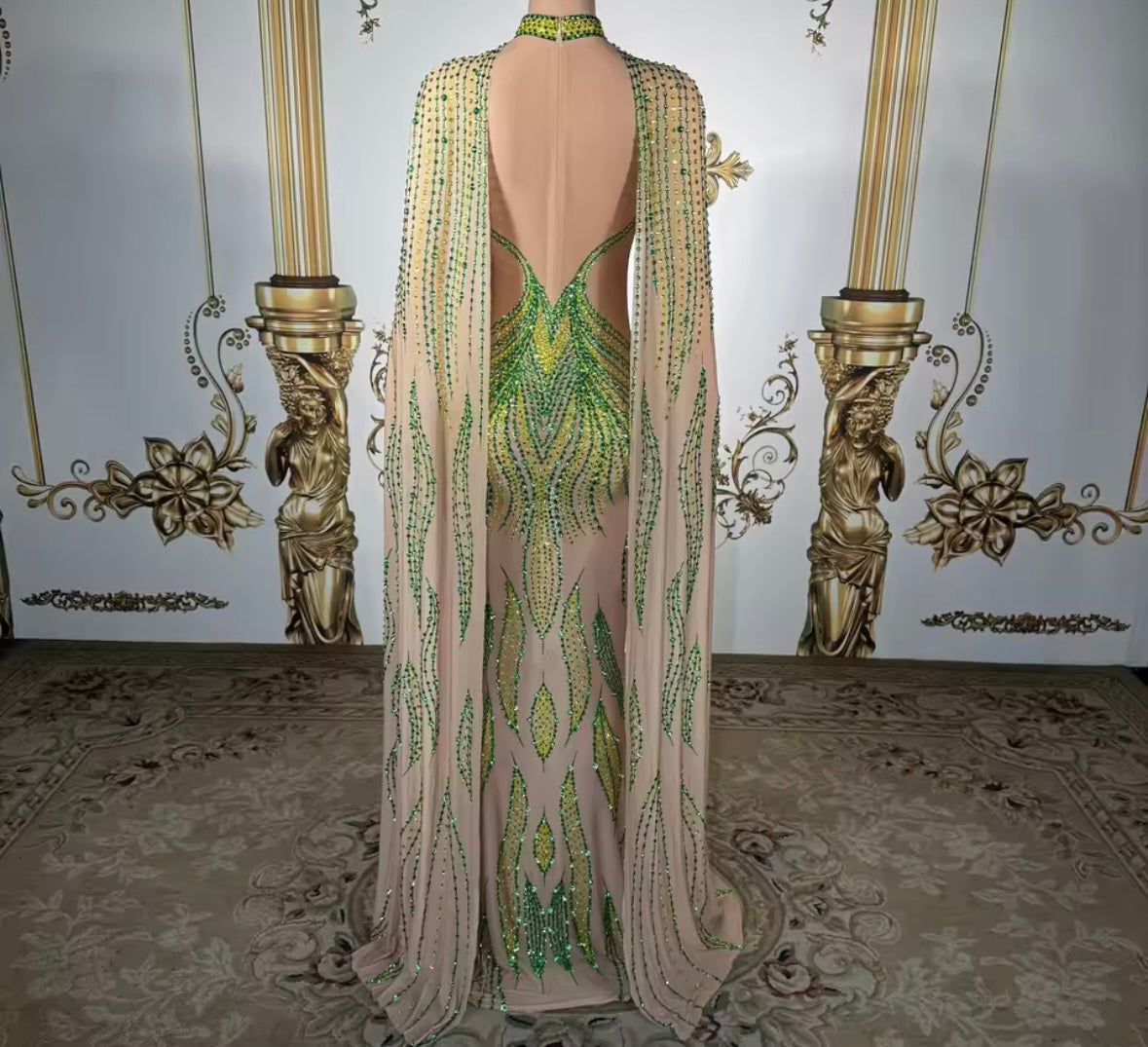 Sexy See Through Rhinestone Flare Sleeve Mermaid Dress