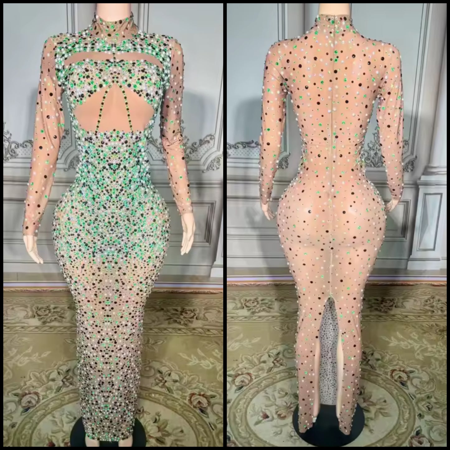 Sexy Beaded Rhinestone Full Sleeve Maxi Dress