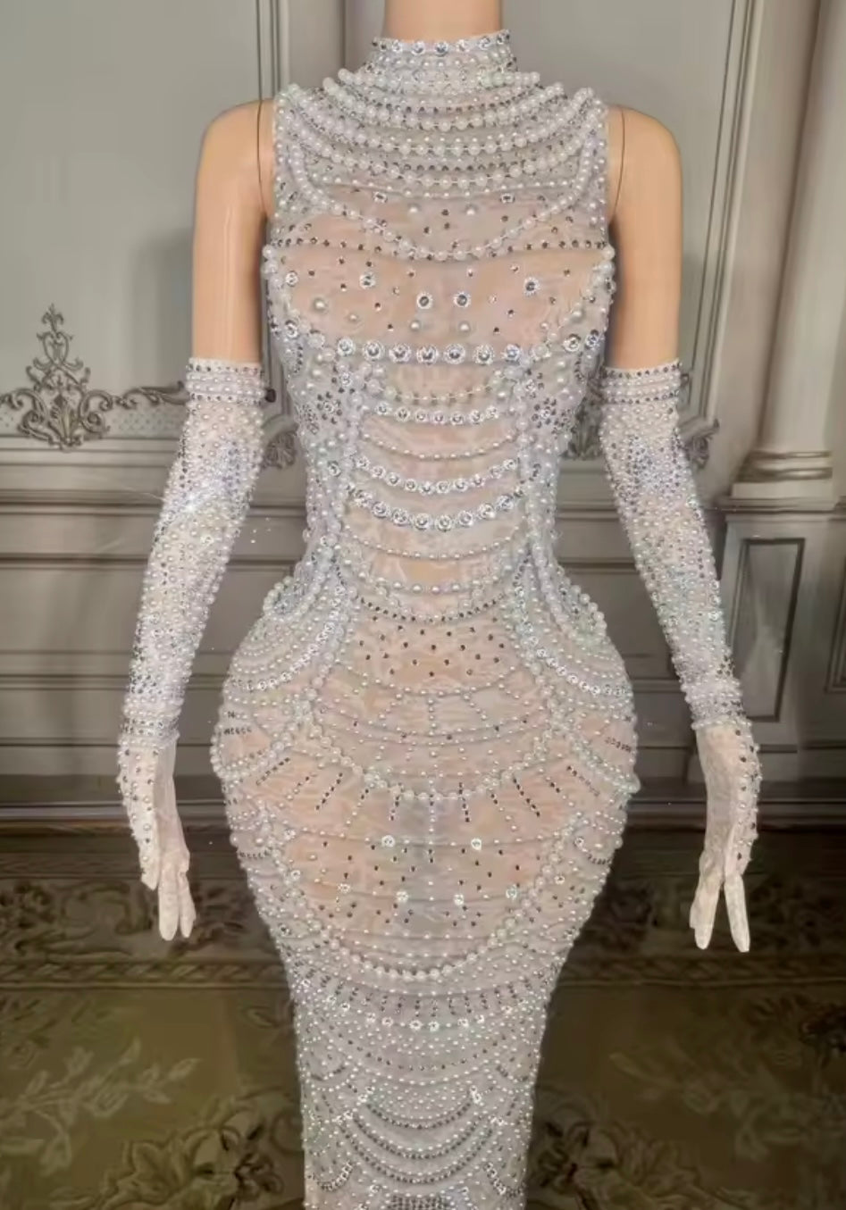 Sexy Beaded Rhinestone Glove See Through Maxi Dress