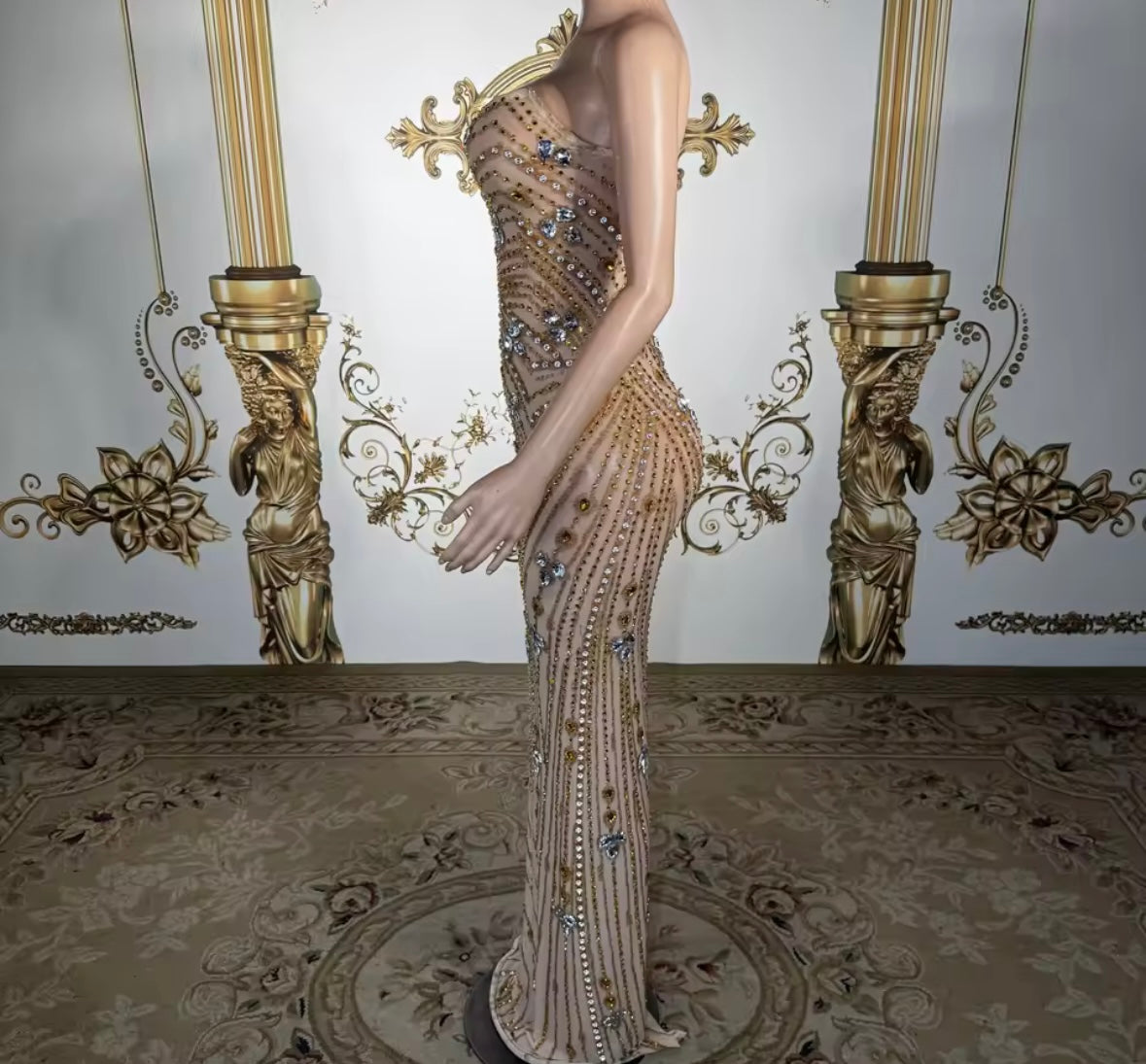 Sexy Strapless See Through Rhinestone Embellishment Dress