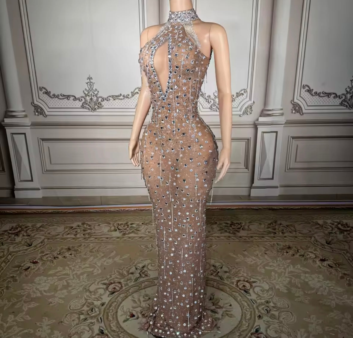 Sexy Sleeveless Rhinestone Tassel Maxi Dress