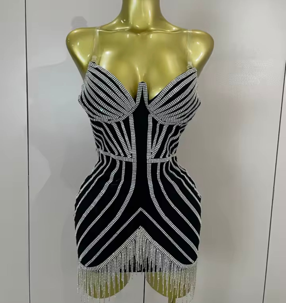 Black Rhinestone Embellishment Tassel Sexy Sleeveless Dress