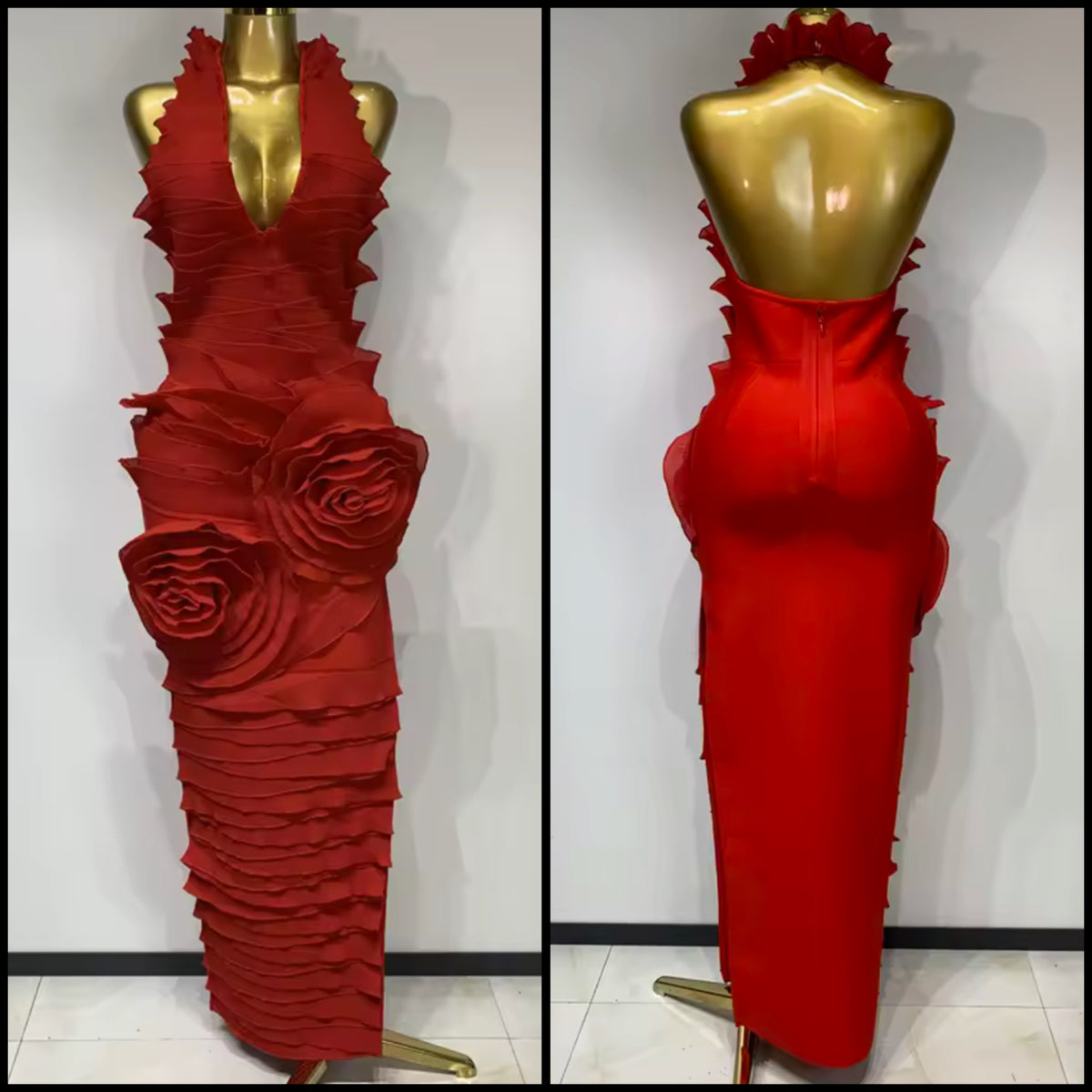 Red Sexy Halter Sleeveless Ruffled Maxi Dress