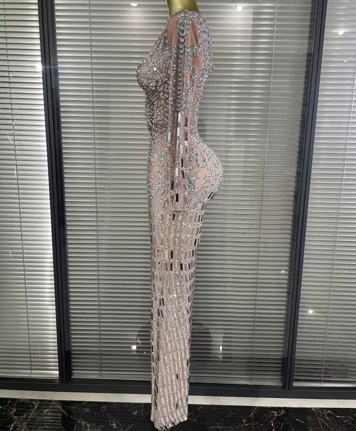 Elegant Rhinestone Mirror Full Sleeve Jumpsuit