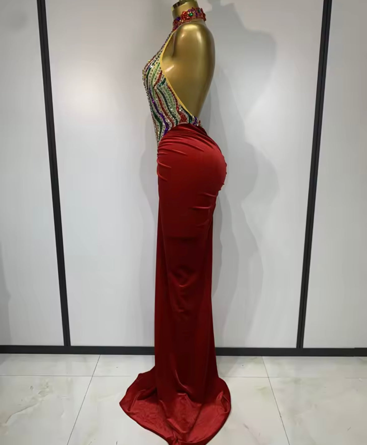 Sexy Halter Sleeveless Colorful Rhinestone Floor-Length Dress