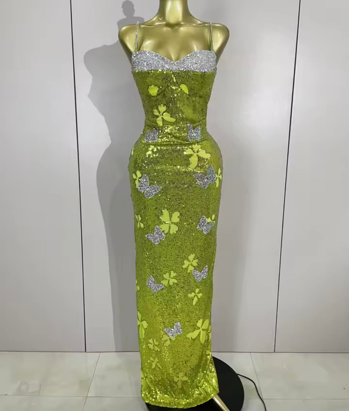 Sexy Sleeveless Green Sequins Butterfly Maxi Dress