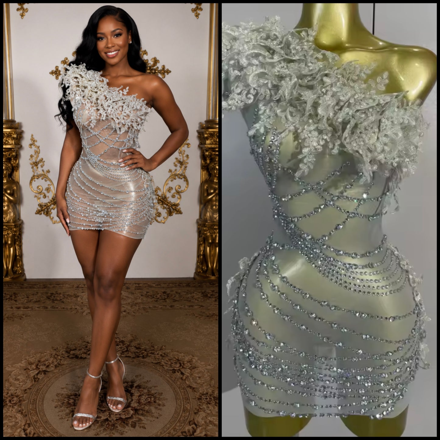 Silver One Shoulder Sleeveless See Through Rhinestone Dress