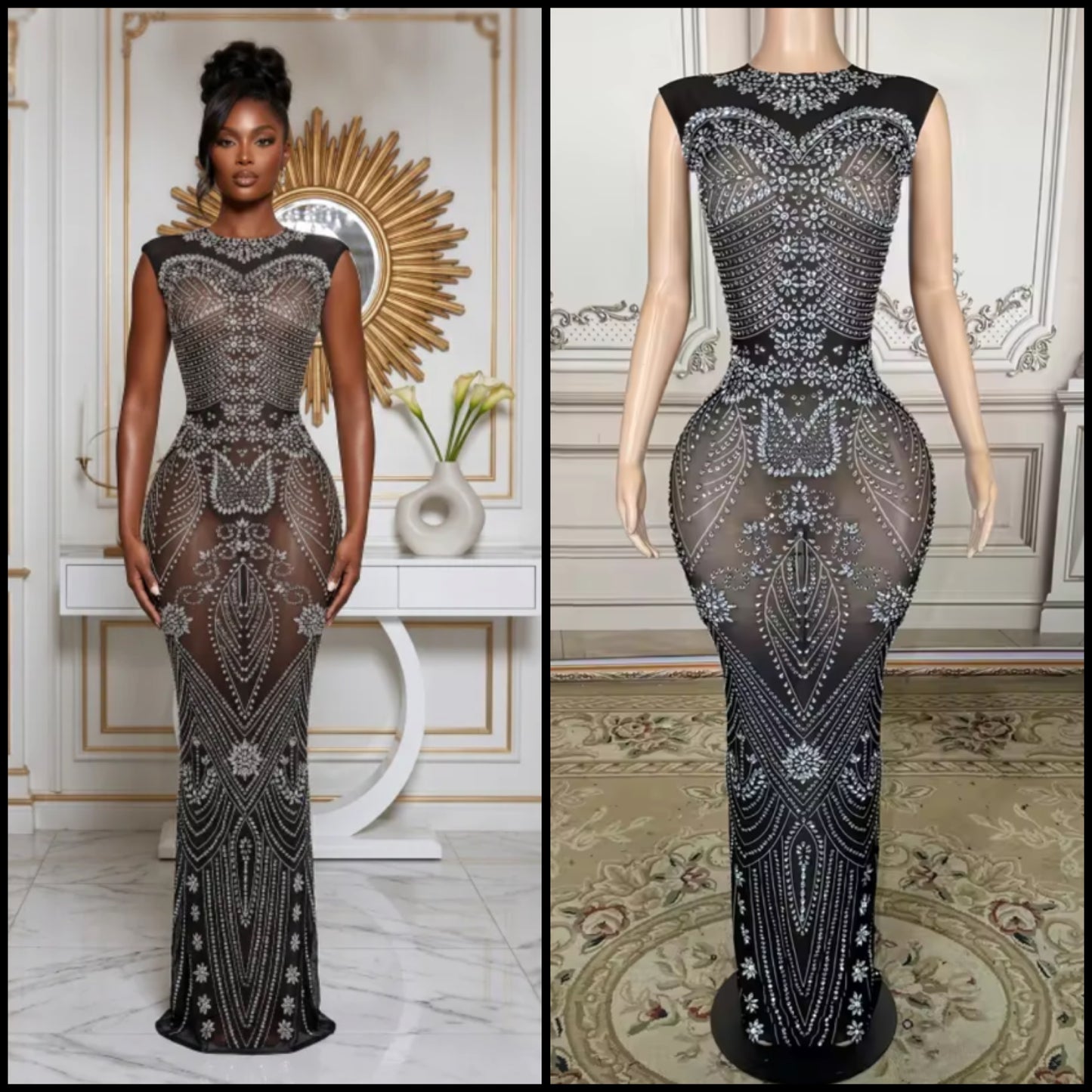 Sexy Sleeveless Black Rhinestone Embellishment Maxi Dress
