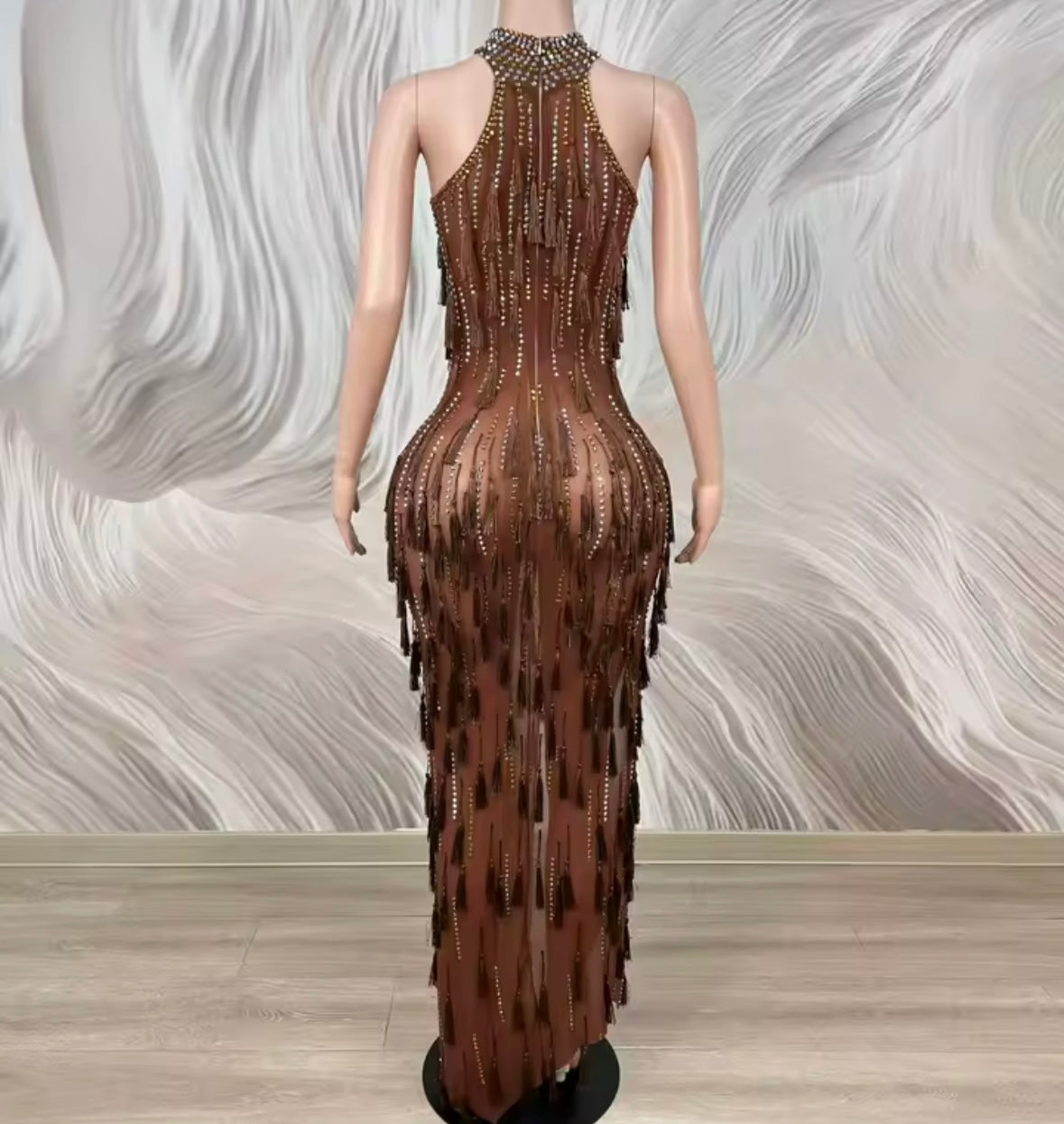 Brown Sexy Sleeveless See Through Rhinestone Tassel Dress