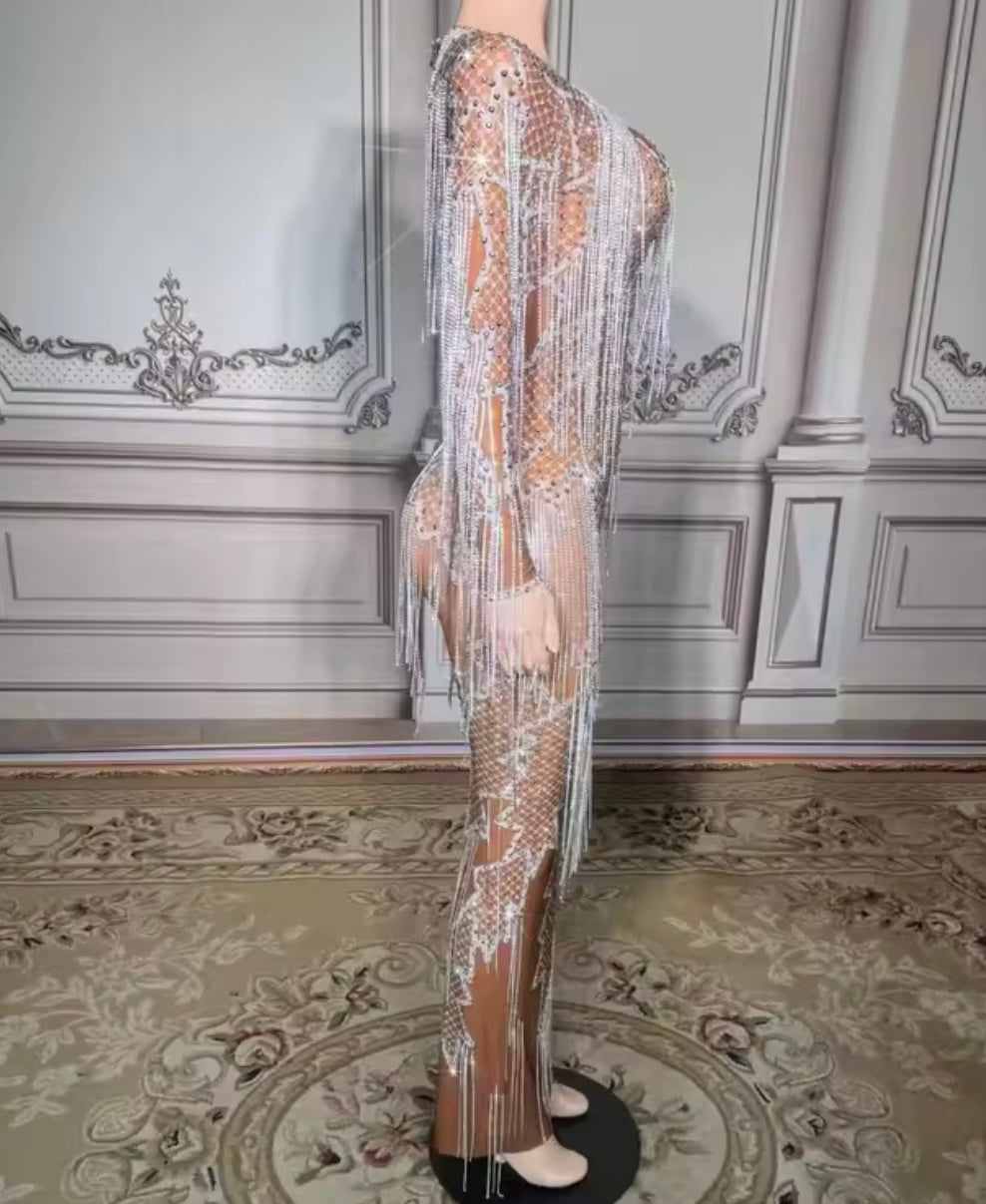 Sexy Rhinestone Tassel Full Sleeve See Through Maxi Dress
